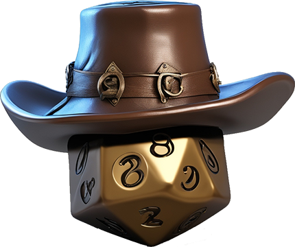 D20 die with a cowboy hat